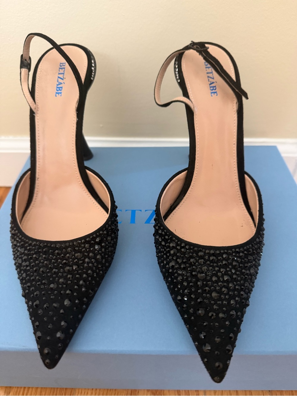 BETZABE Black Crystal-Embellished Pointed Slingback Heels
